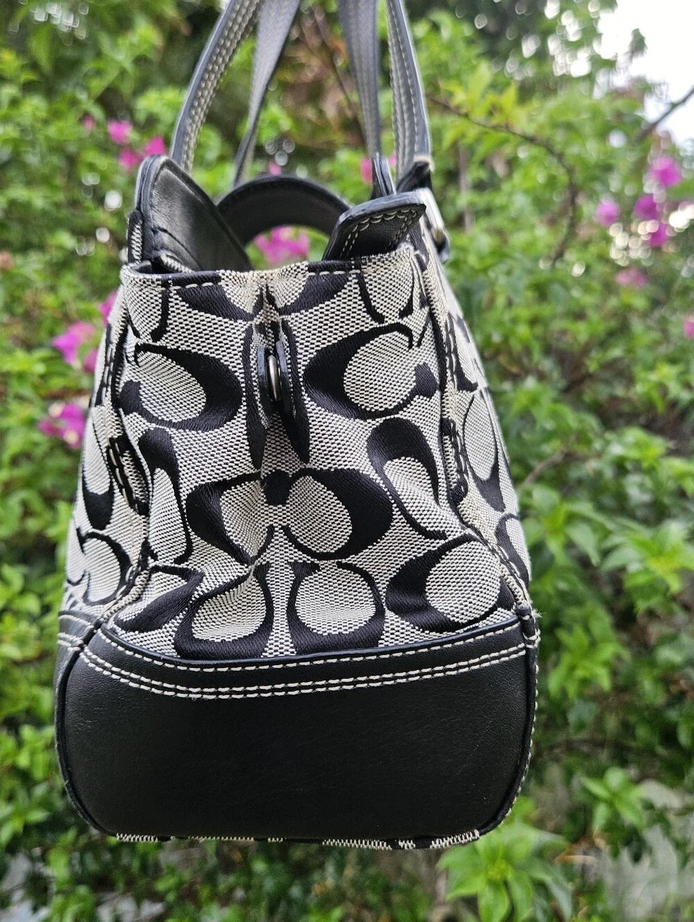 Coach Hampton Signature Carryall Satchel F13975 Black Gray Canvas Leather Turnlo